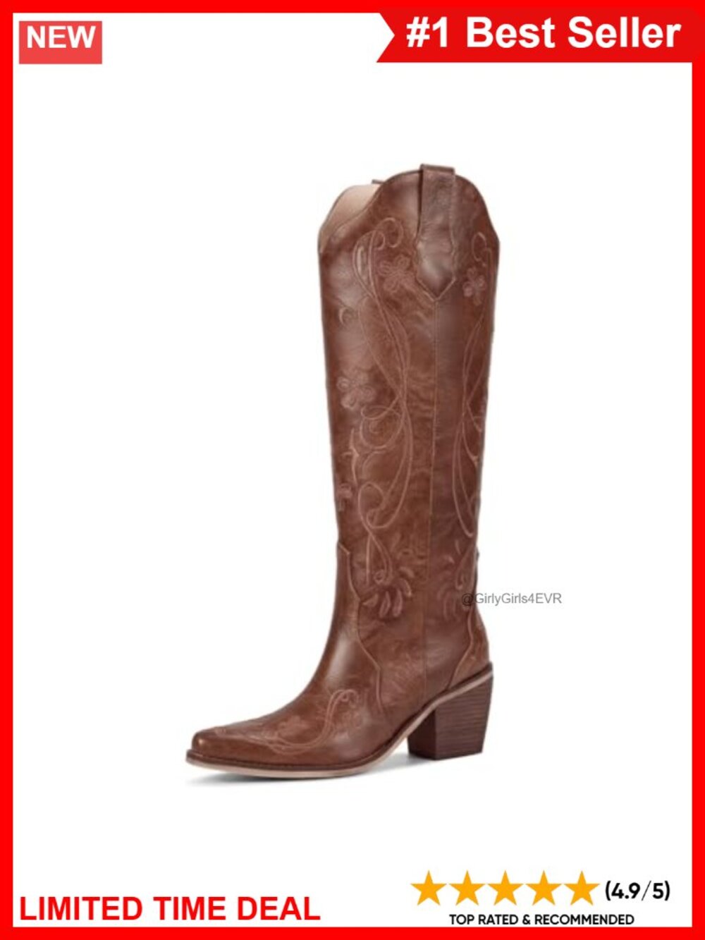 Knee High Cowboy Boots Faux Leather Floral Embroidered Pointed Toe Block Heel